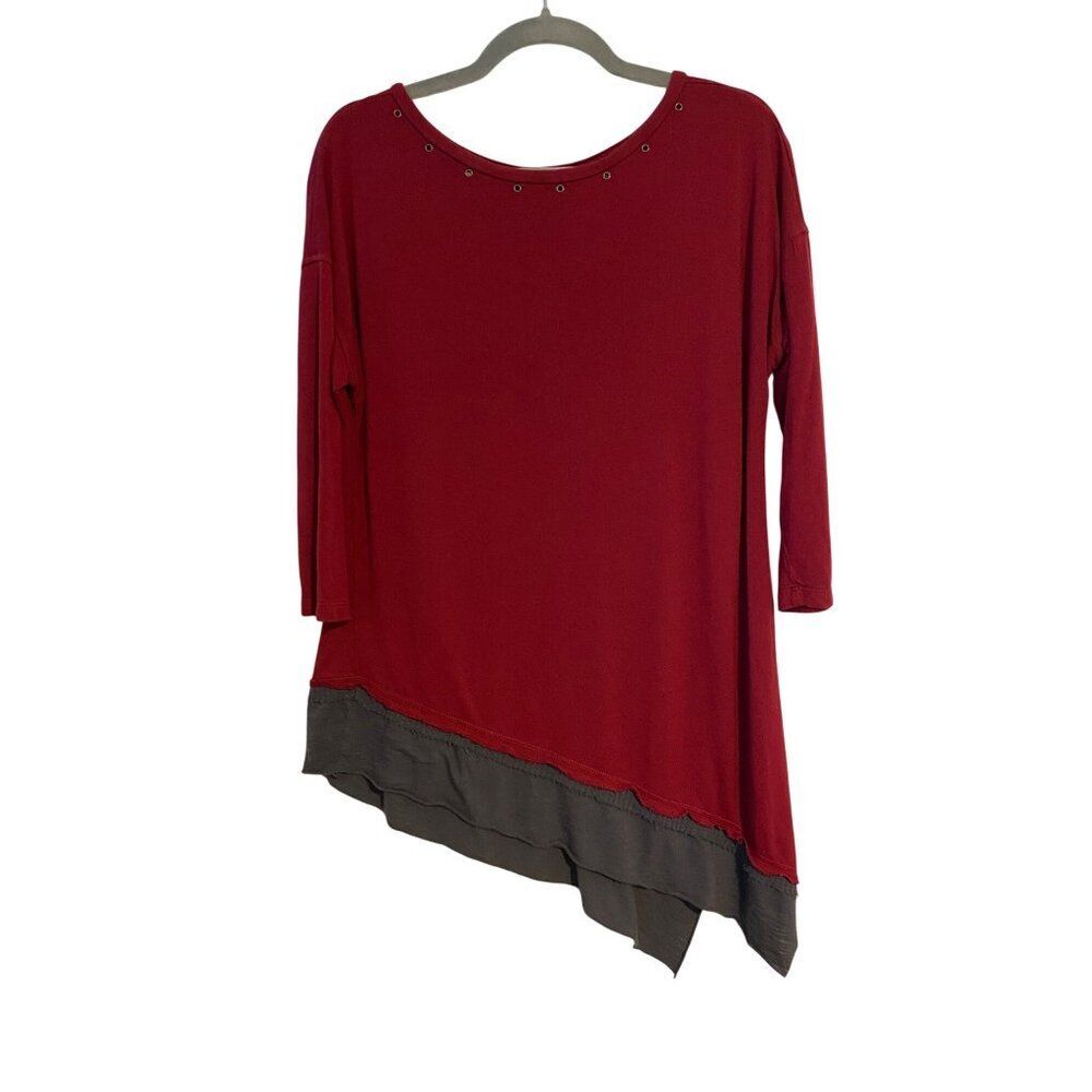 Intro Maroon Asymmetrical Hem L Top Grommet Neckline & Grey Contrast Trim Rayon